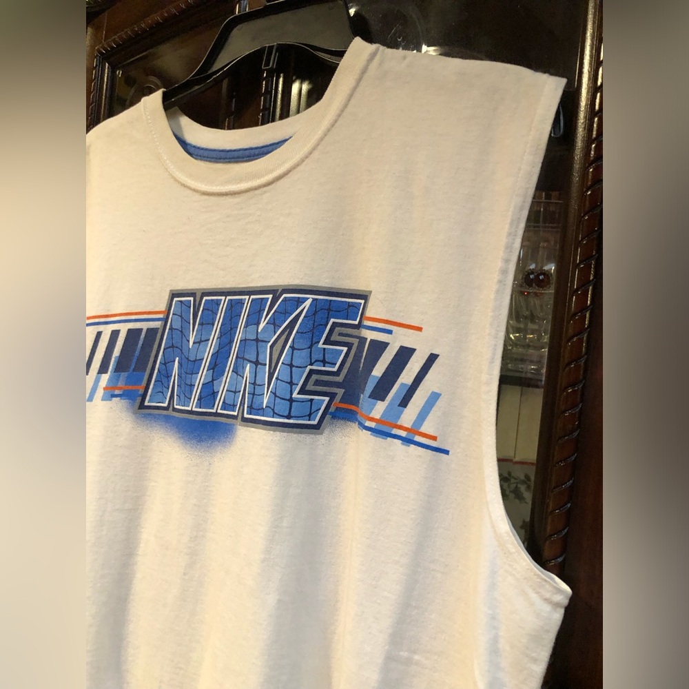Nike White T-Shirt with Blue Neck Trim and Blue and orange trim Nike Logo - Picture 7 of 10